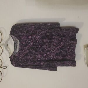 Maggie Barnes Black and Purple Floral Blouse 3/4 Sleeve